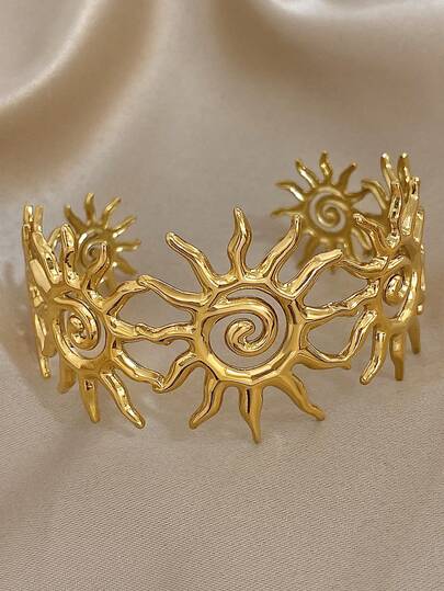 1pc Summer Beach Cuff Bracelets For Women Golden Sun Starfish Bracelet Stackable Stainless Steel Bracelets For Daily Party Jewelry Christmas Halloween Gifts