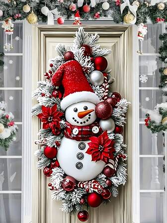 1Pc Red - White Snowman & Christmas Wreath Door Banner, Festive Style Polyester Rectangular Door Decor With Poinsettia, Candy Cane & Ornament Details, No Power Needed Door Hanging For Indoor/Outdoor Holiday Decor, Ideal For Christmas Celebrations, Family Gatherings & Winter Seasonal Displays (90x180cm)