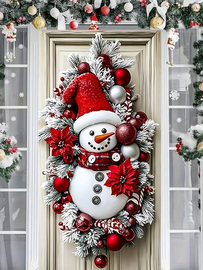 1Pc Red - White Snowman & Christmas Wreath Door Banner, Festive Style Polyester Rectangular Door Decor With Poinsettia, Candy Cane & Ornament Details, No Power Needed Door Hanging For Indoor/Outdoor Holiday Decor, Ideal For Christmas Celebrations, Family Gatherings & Winter Seasonal Displays (90x180cm)