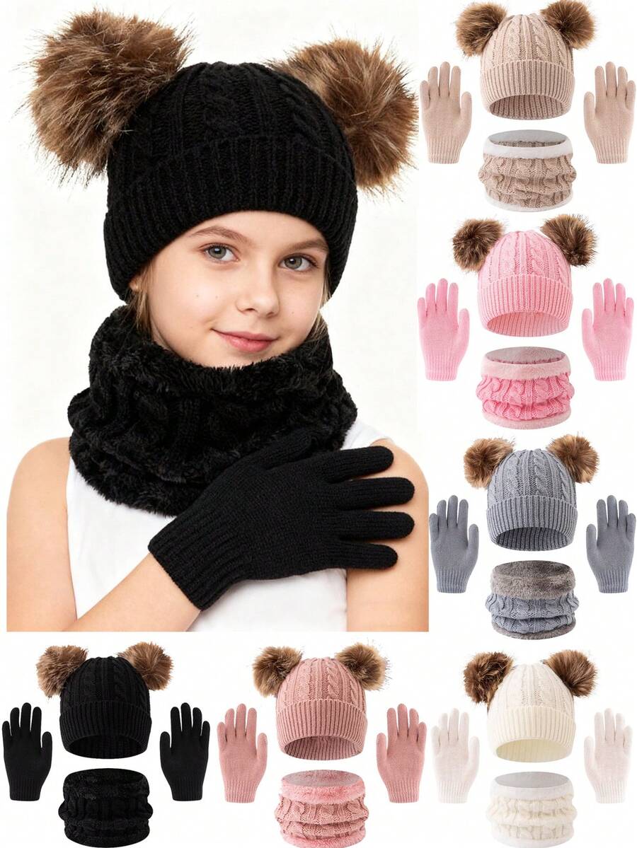 3pcs Set - Kids Winter Warm Thick Ear Ion Hat, Gloves, Scarf 3 Pieces Set, Suitable For Boys & Girls, Fits Ages 3-8 - Multicolor - View 1