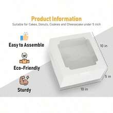Baregamyan 10x10x5 Bulk 25 Pcs Cake Boxes 10 Inch with Window Clear Bakery Dessert Box Square White Large Disposable Pie Boxes Package for Bake Goods Paper Pastry Packaging Donut Delivery Box - blanco - Ver 4