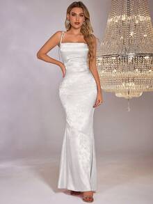 PARTHEA Đầm maxi satin jacquard hở lưng với dây đeo chéo - trắng - Xem 5