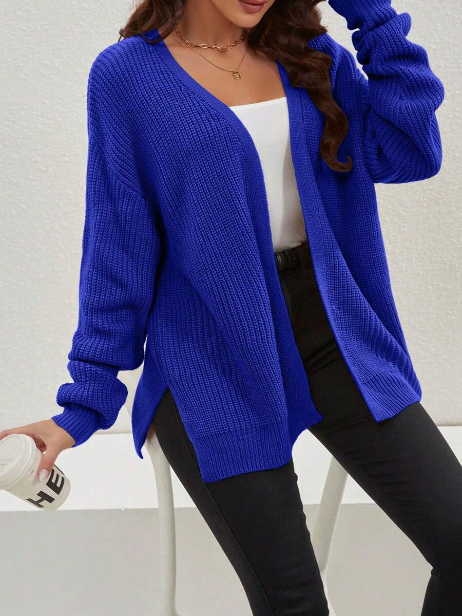 Áo khoác cardigan dáng rộng xẻ tà màu trơn đơn giản, mùa xuân/thu - Màu xanh lam - Xem 1