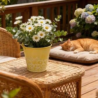 1 pieza Maceta de hierro retro amarilla con diseño de impresión de margarita y asa de cuerda de cáñamo, decoración fresca para jardín/balcón, recipiente multifuncional para exhibir plantas y flores, creando una atmósfera natural y pastoril