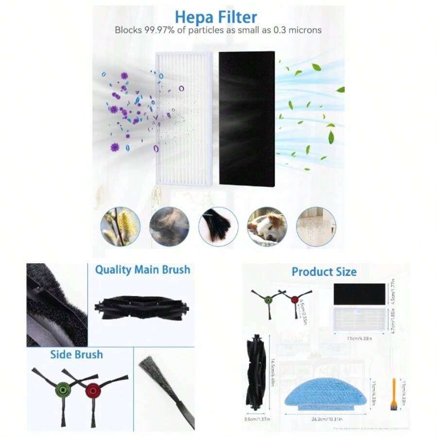 Parts Tikom L9000, L8000, Lubluelu SL60D, HONITURE Q6 SE, Laresar L6 Nex Robotic Vacuum Cleaner - Spare Accessories - 1 Main Roller 8 Side Brushes 4 HEPA Filters 4 Mop Pads And 1 Brush - L9000 替換零件 - 查看 1