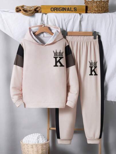 2pcs/Set Tween BoyCasual Color Block Crown & Letter Print Hoodie Sweatshirt And Matching Sweatpants Set, Autumn/Winter
