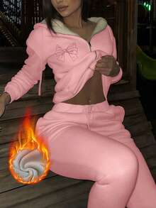 Ensemble 2 pièces femme, Sweat-shirt à capuche manches longues en polaire élégant et casual avec imprimé nœud, et pantalon assorti avec cordon de serrage, pour le début de l'automne