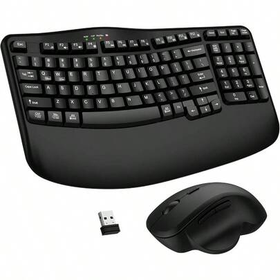 Wireless Keyboard And Mouse Combo, 2.4G Wave Keys Keyboard With Wrist Rest And 3 Level DPI Advanced Wireless Mouse, Natural Typing, OS Desktop Laptop