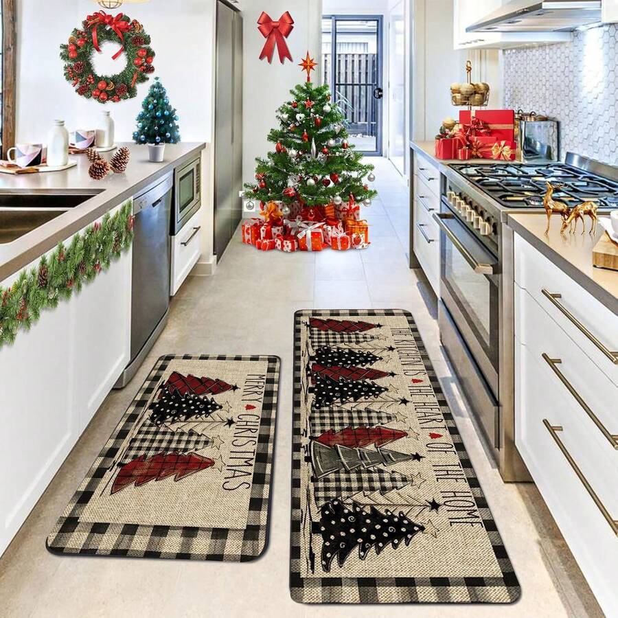 1pc Christmas Car Memory Sponges Mat Multi-Element Red And BlackCheck Fringe DoorMat White Black Green CheckChristmasTree Snowflake DoorMat Kitchen Furniture Floor Mat HolidayDecoration Delivery Mat Christmas Decor Christmas Bath Mat Holiday DoorRug
