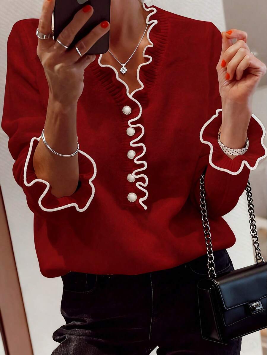 Neueste Herbst- und Winter-modische rote Langarm-V-Ausschnitt-Pullover für Damen, elegant und bequem, Perlknöpfe