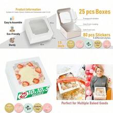 Baregamyan 10x10x5 Bulk 25 Pcs Cake Boxes 10 Inch with Window Clear Bakery Dessert Box Square White Large Disposable Pie Boxes Package for Bake Goods Paper Pastry Packaging Donut Delivery Box - blanco - Ver 1