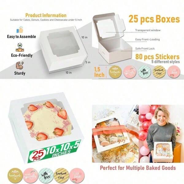 Baregamyan 10x10x5 Bulk 25 Pcs Cake Boxes 10 Inch with Window Clear Bakery Dessert Box Square White Large Disposable Pie Boxes Package for Bake Goods Paper Pastry Packaging Donut Delivery Box