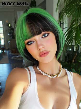 NICKY WALL 10英寸短款绿色假发，女士款，蓬松飘逸的波波头直发假发，带刘海，高密度蓬松合成耐热纤维假发，适合日常派对佩戴，女士圣诞礼物 - 初学者无胶假发配件