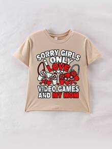 男童休闲图案T恤，字母和游戏机印花，圆领短袖，春夏款 - 杏色 - 查看 3