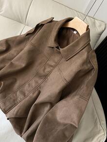 FGGG Brown Short Suede Jacket For Women Autumn Winter Stitched Collar With Long Sleeves Relaxed Fit Versatile Layering Women's Top For Casual Outings Gatherings And Commuting