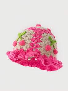 1 件女士手工钩针樱桃针织渔夫帽，温暖且适合秋冬季日常穿着 - F - 查看 6