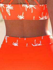 AguaCube Women'S Neon Green Tropical Palm Tree Print Off-Shoulder Tankini Set - Beach Vacation Swimwear With Vibrant Palm Design, High Elasticity Fabric, And Quick-Dry Technolog - Màu Cam san hô - Xem 4