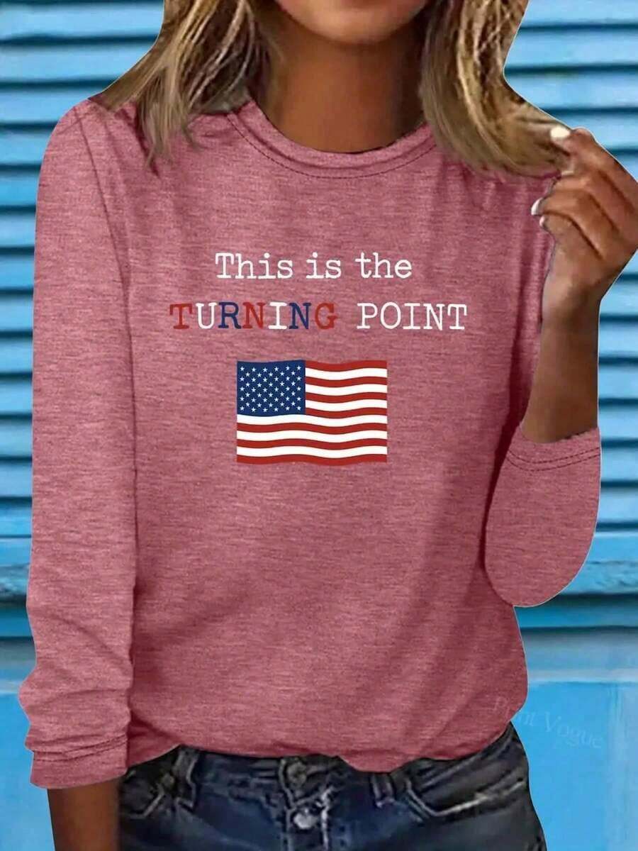 Women's White 'This Is A Turning Point' Protest T-Shirt - Long Sleeve Casual Crew Neck Top With Flag And Symbol Print, Soft And Comfortable For All Seasons, Political Statement Gift For Clothing-White And Navy Off-The-Shoulder Cropped Top - 桃 - 查看 1