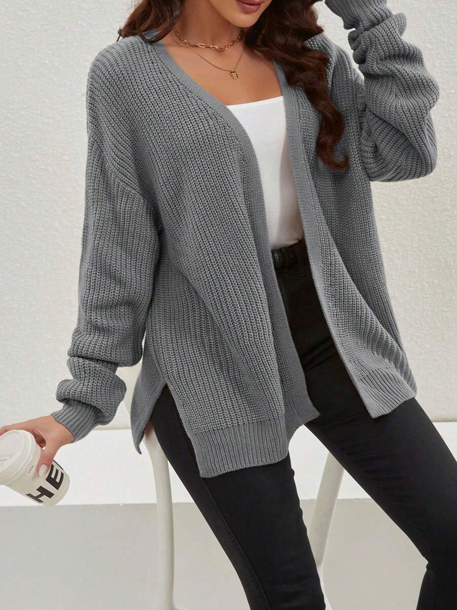 Casual Solid Color Side Slit Loose Cardigan, Spring/Autumn - Grey - View 1