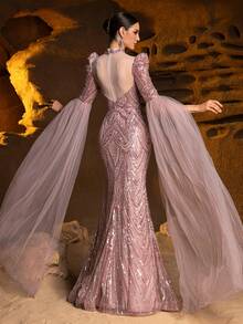 Alluring Rose Backless Evening Gown, Adorned With Exquisite Floral Embroidery And Chiffon Shawl - Sparkling Ballroom Dress, Red Carpet Wedding Guest Dress, Luxurious Chiffon Formal Gown - Pink - View 4