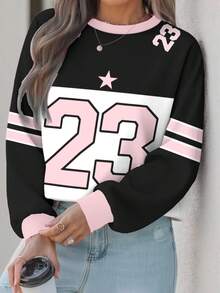 Nueva sudadera elegante y casual de talla grande para mujer con contraste de color, estampado de letras y estrellas de manga larga, de moda para uso diario, otoño/invierno