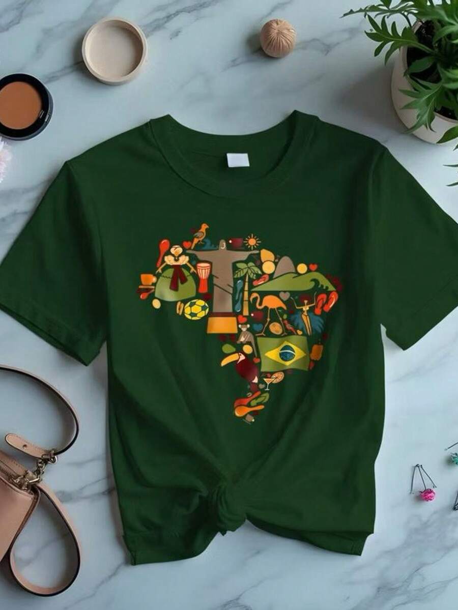 T-Shirt Blouses T-Shirt Brazil Graphic Casual Comfort - 綠色 - 查看 1