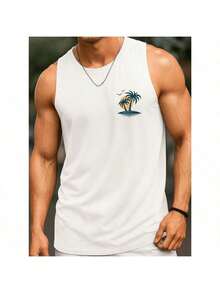 Regatas Masculinas - Estampa Praia Coqueiro Minimalista - Verão -  Algodão Premium - Passeio - Branco - Visão 2