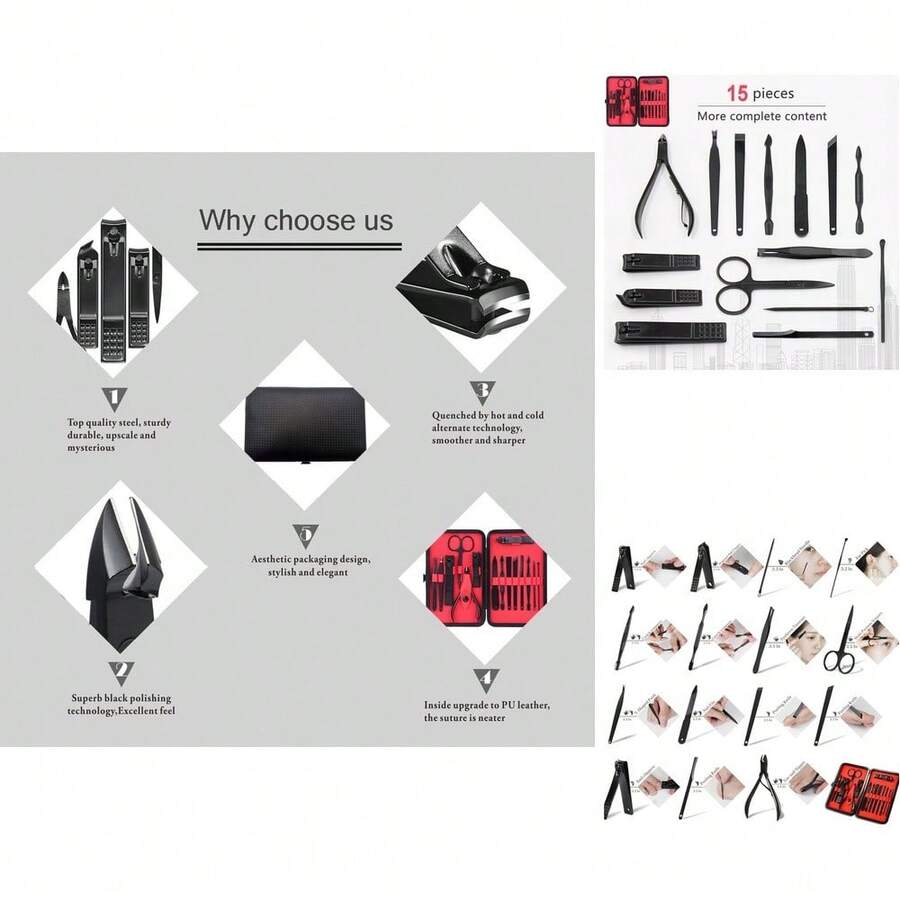 TOSANI - Kit Profesional de Manicura y Pedicura 15 en 1 de Acero Inoxidable con Estuche Negro para Viajar, Incluye Herramientas de Cuidado Facial, de Oídos y Cejas - Multicolor - Ver 1