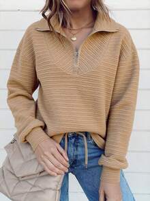 Women's Solid Color Textured Collar Zip Hem Drawstring Sweatshirt, Suitable For Daily Outings, Casual Home, Commuting, Holidays, Parties, Street Photography