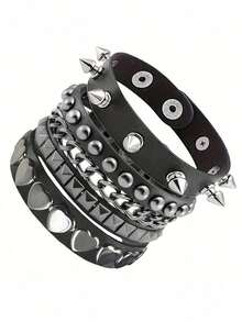 3pcs/Set Gothic Rivet Edgy Y2K Bracelet Set, Suitable For Men & Women Daily Wear, Party, Performance, Couples Bracelet, Christmas, Valentine's Day, Carnival Costume Accessories, Great For Birthday, Holiday, Anniversary Gift - 黑色 - 查看 1