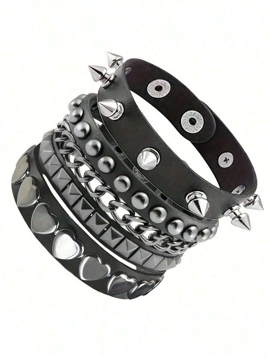 3pcs/Set Gothic Rivet Edgy Y2K Bracelet Set, Suitable For Men & Women Daily Wear, Party, Performance, Couples Bracelet, Christmas, Valentine's Day, Carnival Costume Accessories, Great For Birthday, Holiday, Anniversary Gift - 黑色 - 查看 1