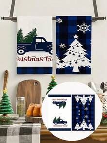 2 piezas/4 piezas/12 piezas Toallas de cocina con patrón de coche navideño azul, toallas de baño con patrón de árbol de Navidad, toallas para fiestas navideñas al aire libre, decoración navideña para el hogar, decoración navideña de cocina, estilo moderno, secado rápido, material de microfibra súper suave, rectangular, 40 * 60 cm, patrón de impresión digital, adecuado para decoración de fiestas al aire libre, regalos navideños