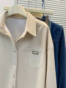 Women's Flannel-Lined Shirt Jacket, Solid Color Asymmetrical Hem Blouse With Notch Lapel & Pockets, Cozy Office & Lounge Top For Fall Winter Spring