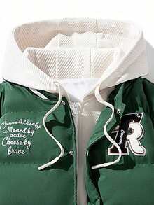 男士长袖字母刺绣撞色抽绳连帽外套，适合秋冬季穿着 - 綠色 - 查看 4