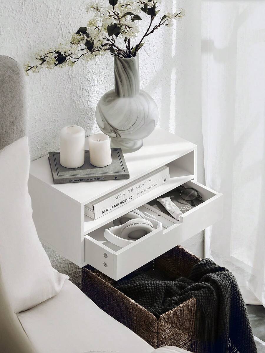 NKD03-W, Floating Nightstand Wall-Mounted Bedside Table Cabinet Wall Shelf Floating Shelf With Drawer - White - View 1