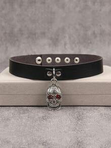 1pc Vintage Punk Square Studded PU Leather Choker Necklace, Black & Red, Suitable For Couples, Gift For Girlfriend