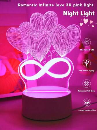 1 件 3D 梦幻夜灯，独特无限心形 LED 夜灯，USB 供电开关按钮控制粉色照明，圣诞装饰照明，家居办公桌装饰，适合生日、圣诞节、感恩节、毕业典礼、婚礼礼物