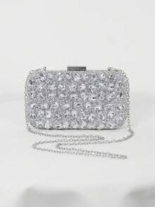 奢华银色水钻装饰晚宴手拿包，饰有不规则形状的大水晶随机分布，方形，闪亮，百搭，采用纹理亚克力材质，配有可拆卸链条肩带和水晶扣，优雅精致，适合派对和聚会。 - 銀色 - 查看 12