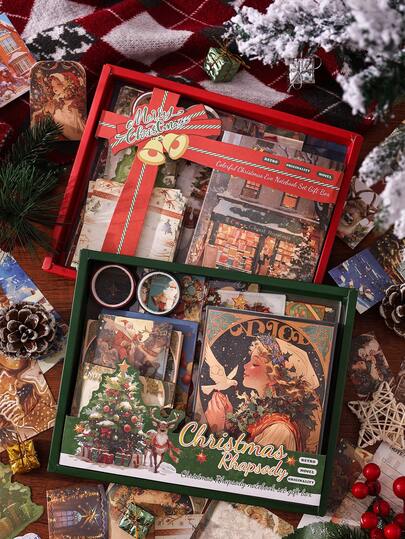 Caja de regalo de 12 piezas/caja con elementos navideños, set de cuaderno con diversos patrones navideños creativos que incluye cinta, pegatinas, material de papel, un exquisito set de regalo, un elegante set de cuadernos para decoración navideña, útiles escolares y decoración de scrapbook, regalo navideño para amigos