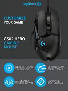 Logitech Ratón de juego G502 Hero - Sensibilidad ajustable de 25600 DPI / 11 botones programables / Pesos personalizables / Seguimiento de alta velocidad - Negro - Ver 1