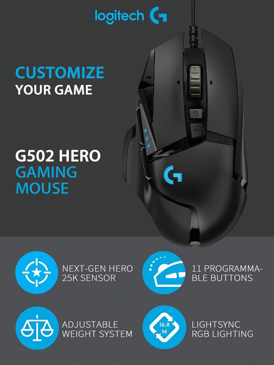 Logitech Ratón de juego G502 Hero - Sensibilidad ajustable de 25600 DPI / 11 botones programables / Pesos personalizables / Seguimiento de alta velocidad - Negro - Ver 1