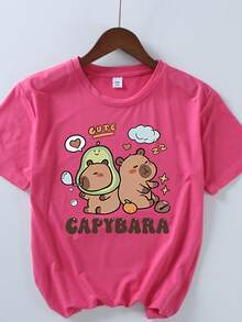 Camiseta de manga corta con cuello redondo y estampado de capibara de dibujos animados para niñas, camiseta casual para primavera y verano - Rosa Fucsia - Ver 2