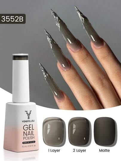 YOKEFELLOW طلاء أظافر جيلي بني فحمي 15مل، طلاء أظافر جيلي شفاف جديد 1 قطعة لموسم الخريف، طلاء أظافر جيلي شفاف قابل للنقع تحت أشعة UV LED، طلاء أظافر فني بداية مانيكير صالون DIY في المنزل وهدية مثالية (بني فحمي-3552B)
