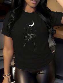 Printed Pajama T-Shirt, Cute Cartoon Cat Printed T-Shirt, Round Neck Short Sleeve Women's Top, Summer Casual Printed T-Shirt Women's Top Homewear - Black - View 7