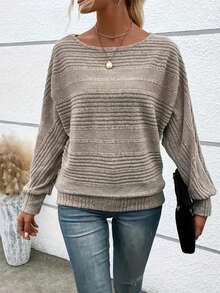 Suéter holgado de cuello redondo y manga de murciélago de unicolor para mujer de talla grande - Caqui - Ver 3