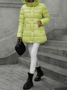 Casual Women Regular Length Black Puffer Jacket With Long Sleeves And Hooded Neckline For Winter - Lemon Green - View 1