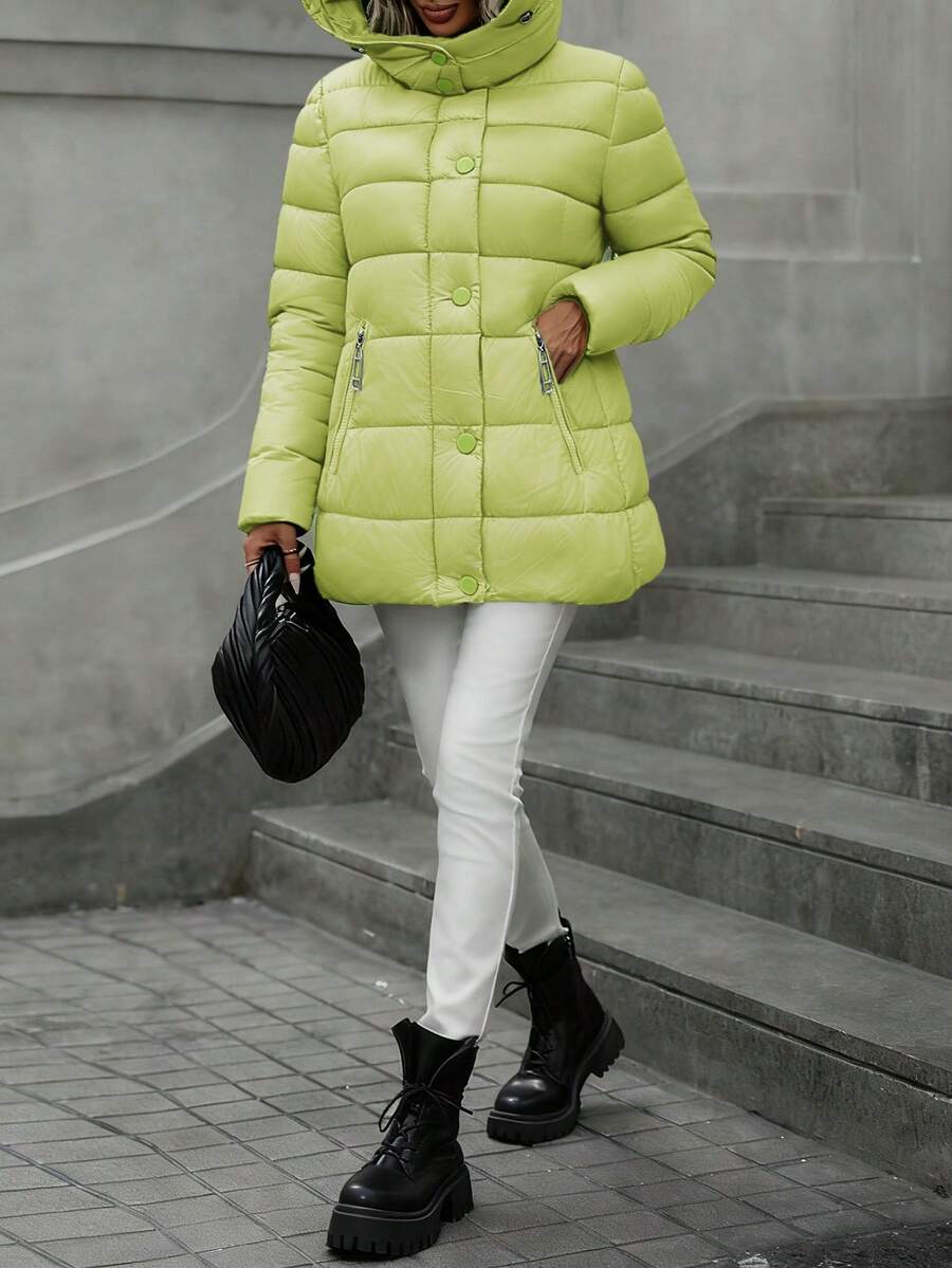 Casual Women Regular Length Black Puffer Jacket With Long Sleeves And Hooded Neckline For Winter - Lemon Green - View 1