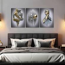 3 Pieces, Modern Bedroom Wall Art, Metal Effect Oil Painting Wall Decoration, Abstract Figure Statue Art Print Living Room Home Decor - 2D Flat - 銀色 - 查看 6