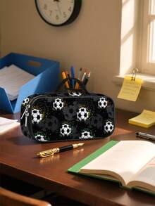 男童大容量多层铅笔盒，足球图案 - 适合学校/中学/大学/学习/办公室使用