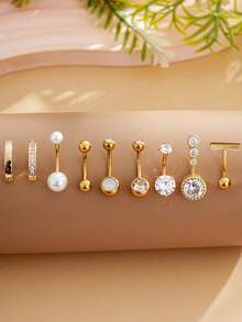 Bộ 9 khuyên rốn bằng thép không gỉ hình trăng lưỡi liềm, đá quý đôi hình chữ T, trang sức xỏ khuyên cơ bản dễ thương để đeo hàng ngày - Vàng - Xem 6